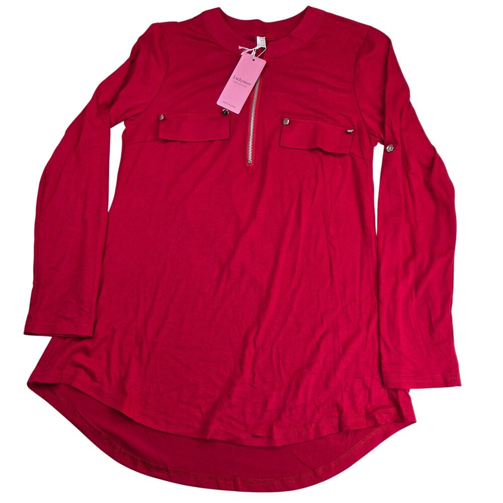 Luckymore Women's Red Quarter Zip Long Sleeve Tunic Top Roll Tab NWT Size S